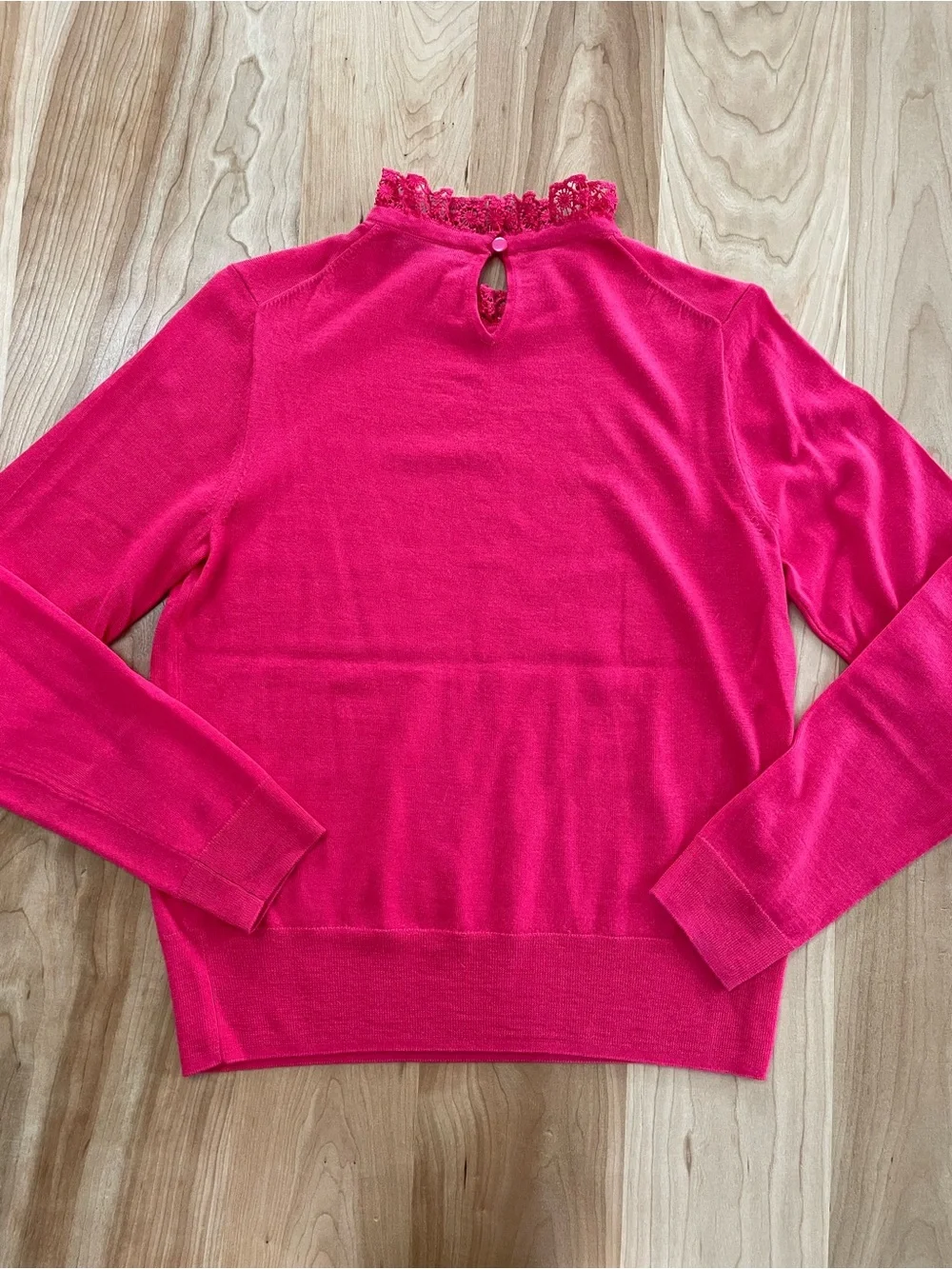 J. Crew Medium Pink Tippi Sweater Crochet Lace Collar Lightweight Merino Wool